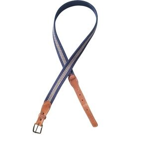 VTG Mens Striped Canvas Belt Genuine Leather Brown Tan Accents Casual 34